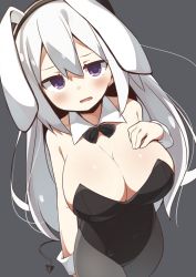 Rule 34 | 1girl, abarabone, animal ears, bare shoulders, blush, bow, bowtie, breasts, cleavage, demon tail, detached collar, fake animal ears, grey background, grey pantyhose, highres, large breasts, leotard, long hair, looking at viewer, open mouth, original, pantyhose, playboy bunny, purple eyes, rabbit ears, silver hair, solo, tail, wrist cuffs