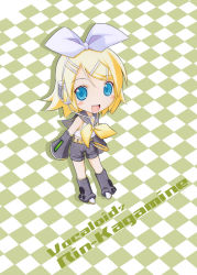 Rule 34 | 1girl, :d, arm warmers, belt, black shorts, blonde hair, blouse, blue eyes, blush, blush stickers, bow, character name, checkered background, checkered floor, chibi, copyright name, from above, full body, hair bow, hair ornament, hairclip, headphones, kagamine rin, leg warmers, legs apart, microphone, open mouth, ribbon, sailor collar, shirohebidou, shirt, short hair, shorts, sleeveless, smile, solo, standing, swept bangs, vocaloid, white bow, white shirt, yellow ribbon