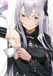 Rule 34 | 1girl, armpits, bare shoulders, black capelet, black dress, blush, breasts, butterfly hair ornament, capelet, closed mouth, cum, cum on armpit, cum on body, cum on upper body, cup, dress, echidna (re:zero), hair ornament, hews, highres, large breasts, long hair, looking at viewer, ovarydestroyer, pouring, pouring onto self, presenting armpit, re:zero kara hajimeru isekai seikatsu, red eyes, self-upload, sexually suggestive, silver hair, simple background, smile, solo, striped, suggestive fluid, tea, teacup, teapot, third-party edit, vertical stripes