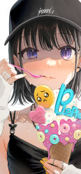 Rule 34 | 1girl, black hair, black hat, blush, chain, chain necklace, earrings, eating, emoji, food, hat, highres, ice cream, jewelry, looking at viewer, nail polish, necklace, original, pleading face emoji, purple eyes, short hair, simple background, solo, sweat, tsukana (saba mizore), upper body