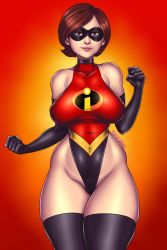 Rule 34 | 1girl, 2021, absurdres, adapted costume, artist name, bemannico, black gloves, bodysuit, boots, breasts, brown eyes, brown hair, costume, covered navel, curvy, dated, domino mask, elastigirl, female pubic hair, from behind, gloves, gradient background, helen parr, highleg, highleg leotard, highres, large breasts, latex, latex gloves, latex suit, leotard, lips, looking at viewer, mask, pubic hair, shiny clothes, shiny skin, short hair, simple background, skin tight, skindentation, smile, solo, standing, superhero costume, the incredibles, thighhighs, thong leotard, wide hips