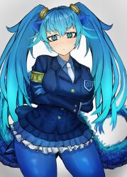 Rule 34 | 1girl, absurdres, adeshi (adeshi0693119), animal ears, blue eyes, blue hair, dragon girl, dragon tail, extra ears, gloves, grey background, highres, jacket, japari symbol, kemono friends, long hair, looking at viewer, necktie, pantyhose, seiryuu (kemono friends), shirt, simple background, skirt, solo, tail, twintails