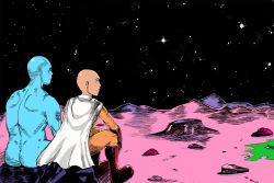 Rule 34 | 2boys, ass, bald, blue skin, boots, cape, colored skin, crater, crossover, dr. manhattan, gloves, male focus, moon, multiple boys, nude, on moon, one-punch man, red footwear, red gloves, saitama (one-punch man), star (symbol), watchmen