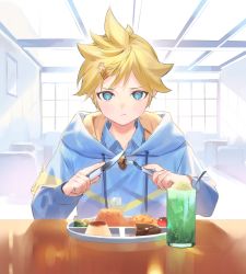 Rule 34 | 1boy, blonde hair, blue eyes, blue hoodie, collared shirt, commentary request, drink, food, fork, hair ornament, hairclip, hood, hoodie, kagamine len, long sleeves, male focus, naoko (naonocoto), piapro, plate, pout, project sekai, shirt, solo, vivid bad squad len, vocaloid