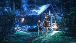 Rule 34 | 2girls, age difference, ahoge, animal ears, arsenixc, artist name, bare legs, bike shorts, black cat, blue eyes, blue theme, blush, brown hair, bug, butterfly, cat, collaboration, fictional persona, flashlight, flat chest, flip-flops, forest, grass, holding hands, highres, house, bug, lantern, lights, long hair, midriff, multiple girls, nature, night, open mouth, original, pumpkin pants, revision, sandals, scenery, shadow, shirt, short hair, shorts, smile, sparkle, t-shirt, towel, towel around neck, tree, tree shade, vvcephei, walking, wet, wet hair