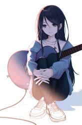 Rule 34 | 1girl, absurdres, black eyes, black hair, black pants, blue jacket, closed mouth, collarbone, crossed ankles, full body, guitar, hair between eyes, highres, holding, holding instrument, hoshino ichika (project sekai), hugging object, instrument, interlocked fingers, jacket, long hair, long sleeves, looking to the side, off shoulder, open clothes, open jacket, own hands together, pants, project sekai, ritzchrono, shadow, shirt, shoes, sidelocks, sideways glance, simple background, sitting, smile, sneakers, solo, straight hair, white background, white footwear, white shirt