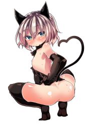 Rule 34 | 1girl, animal ears, ass, atahuta, bad id, bad pixiv id, black gloves, black thighhighs, blue eyes, bottomless, cat ears, elbow gloves, flat chest, from behind, gloves, heart, heart tail, looking at viewer, looking back, nipples, sanya v. litvyak, silver hair, solo, squatting, strike witches, sweat, tail, thighhighs, world witches series