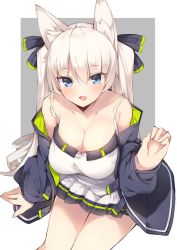Rule 34 | 1girl, animal ear fluff, animal ears, black bow, black jacket, blue eyes, blush, bow, breasts, cleavage, collarbone, from above, hair between eyes, hair bow, hand up, haruyuki (yukichasoba), highres, jacket, unworn jacket, large breasts, long hair, looking at viewer, miniskirt, open mouth, original, shirt, sitting, skirt, sleeveless, sleeveless shirt, smile, solo, thighs, tsurime, twintails, white hair, white shirt, white skirt