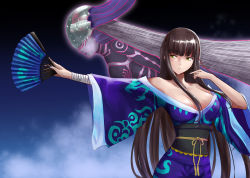 Rule 34 | 1girl, alternate costume, bare shoulders, blue background, breasts, brown hair, cleavage, cloud, commentary request, embroidered, fish, green eyes, hand fan, highres, hime cut, holding, holding fan, japanese clothes, jojobirdz, kimono, large breasts, long hair, looking to the side, night, night sky, no bra, oarfish, persona, persona 5, persona 5 the royal, simple background, sky, solo, tagme, tougou hifumi, transparent headwear, very long hair
