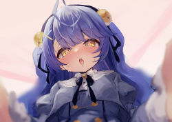 Rule 34 | 1girl, ahoge, amamiya kokoro, bell, blue hair, blush, drooling, from below, hair bell, hair between eyes, hair ornament, hair ribbon, heart, heart-shaped pupils, highres, jingle bell, long hair, looking at viewer, nijisanji, oggu (neoguloliko), open mouth, outstretched arms, pov, reaching, reaching towards viewer, ribbon, saliva, solo, sweat, symbol-shaped pupils, tongue, tongue out, two side up, upper body, virtual youtuber, x hair ornament, yellow eyes