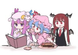 Rule 34 | 3girls, ascot, bat wings, biscuit (bread), blue hair, book, crescent, crescent hat ornament, crescent pin, cup, demon wings, embodiment of scarlet devil, hat, hat ornament, hat ribbon, head wings, holding, holding cup, koakuma, mob cap, multiple girls, necktie, patchouli knowledge, pink headwear, purple eyes, purple hair, red ascot, red eyes, red hair, red necktie, remilia scarlet, ribbon, shinmon akika, short sleeves, simple background, teacup, touhou, upper body, white background, wings