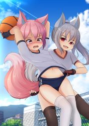 Rule 34 | 2girls, absurdres, animal ear fluff, animal ears, arms up, ball, basketball, basketball (object), black gloves, black legwear, blue buruma, brown gloves, buruma, chain-link fence, cloud, day, fangs, fence, fingerless gloves, fox ears, fox tail, gloves, gluteal fold, gym uniform, highres, holding, hotel01, leaning forward, long hair, multiple girls, navel, open mouth, original, outdoors, panties, panties under buruma, panty peek, panty pull, pink eyes, pink hair, ponytail, pulling another&#039;s clothes, red eyes, shaded face, shirt, short hair, silver hair, sky, smile, surprised, tail, tail grab, thigh gap, thighhighs, thighs, underwear, white legwear, white panties, white shirt, wide-eyed, yuri