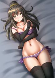 Rule 34 | 10s, 1girl, bare shoulders, bed sheet, black gloves, black thighhighs, blush, bow, bow panties, bra, breasts, brown eyes, brown hair, cleavage, closed mouth, collarbone, commentary, dutch angle, elbow gloves, futaba rio, gloves, hair between eyes, highres, kazenokaze, long hair, medium breasts, navel, nose blush, panties, purple bra, purple panties, seishun buta yarou, skindentation, solo, strap slip, thighhighs, underwear, underwear only