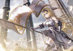 Rule 34 | 1girl, armor, armored boots, armored dress, bae.c, blonde hair, blue eyes, blue sky, blurry, blurry background, boots, closed mouth, cloud, commentary request, day, depth of field, dress, fate/grand order, fate (series), flag, fur-trimmed legwear, fur trim, gauntlets, hair between eyes, headpiece, holding, holding flag, holding sword, holding weapon, jeanne d&#039;arc (fate), jeanne d&#039;arc (ruler) (fate), jeanne d&#039;arc (third ascension) (fate), on one knee, outdoors, pillar, purple thighhighs, sky, solo, sword, thighhighs, weapon, white dress