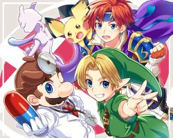 Rule 34 | 3boys, armor, blonde hair, blue eyes, blush, cape, creatures (company), dr. mario, dr. mario (game), dress, fire emblem, fire emblem: the binding blade, game freak, gen 1 pokemon, gen 2 pokemon, gloves, headband, jewelry, legendary pokemon, link, looking at viewer, male focus, mario, mario (series), mewtwo, multiple boys, nintendo, open mouth, pichu, pill, pointy ears, pokemon, pokemon (creature), princess zelda, red hair, roy (fire emblem), short hair, simple background, smile, super smash bros., the legend of zelda, the legend of zelda: majora&#039;s mask, the legend of zelda: ocarina of time, tunic, weapon, young link, young zelda, yuki (yuki2061)