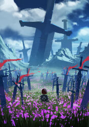Rule 34 | 1other, absurdres, blunt ends, brown hair, cloud, cloudy sky, commentary, english commentary, facing away, field, flower, flower field, grass, highres, huge weapon, mountain, original, outdoors, pink flower, planted, planted sword, planted weapon, red ribbon, ribbon, scenery, short hair, sky, sword, upper body, valley, vladimir ishelin, weapon, wide shot