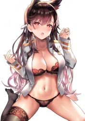 Rule 34 | 1girl, :o, animal ears, areola slip, atago (azur lane), azur lane, black hair, black panties, black thighhighs, blush, breasts, brown eyes, cleavage, denchu (kazudentyu), extra ears, hair ribbon, hands up, highres, jacket, lace, lace-trimmed legwear, lace trim, large breasts, long hair, looking at viewer, military, military uniform, mole, mole under eye, navel, open clothes, open jacket, panties, ribbon, simple background, single thighhigh, sitting, skindentation, solo, stomach, swept bangs, thighhighs, underwear, uniform, wariza, white background, white jacket, white ribbon
