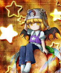 Rule 34 | 1other, androgynous, black wings, blonde hair, blue pants, closed mouth, collared shirt, commentary request, grey headwear, hand on headwear, helmet, highres, len&#039;en, magnet, no shoes, orange background, other focus, pants, plaid, plaid background, puffy short sleeves, puffy sleeves, pumpkin, purple vest, shirt, short hair, short sleeves, sitting, socks, solo, star (symbol), star print, umatachi tsugumi, vest, websci 3357, white shirt, white socks, wings, yellow eyes
