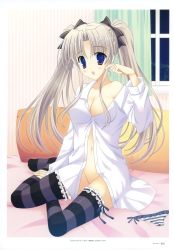 Rule 34 | 1girl, absurdres, bed, blush, bottomless, breasts, cleavage, clothing aside, curtains, d:, dress shirt, grey hair, hair ribbon, highres, naruse mamoru, no bra, open mouth, panties, panties aside, pillow, purple eyes, ribbon, shirt, side-tie panties, solo, striped clothes, striped panties, striped thighhighs, thighhighs, twintails, underwear, window