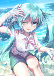 Rule 34 | 1girl, aqua eyes, aqua hair, blocking, blue shorts, blush, breasts, commentary, day, dutch angle, hair ornament, hatsune miku, highres, holding water, lace, long hair, looking at viewer, medium breasts, ocean, one eye closed, open mouth, outdoors, shirt, shorts, shoulder tattoo, sleeveless, sleeveless shirt, smile, solo, sparkle, splashing, standing, standing on liquid, tattoo, twintails, very long hair, vocaloid, wading, wet, wet clothes, white shirt, yu-ame