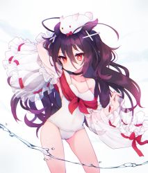 Rule 34 | 1girl, arm up, azur lane, bare shoulders, black choker, black hair, choker, chromatic aberration, closed mouth, collarbone, commentary request, creature, detached sleeves, gluteal fold, hair between eyes, hair ornament, highres, horns, i-168 (azur lane), long hair, long sleeves, looking at viewer, on head, one-piece swimsuit, red eyes, ribbon-trimmed sleeves, ribbon trim, see-through, see-through sleeves, shichijou natori, simple background, sleeves past wrists, solo, standing, swimsuit, symbol-shaped pupils, very long hair, water, white background, white one-piece swimsuit, wide sleeves, x hair ornament