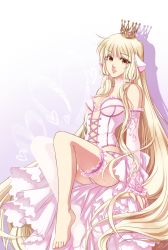 Rule 34 | 00s, 1girl, absurdly long hair, asymmetrical legwear, bare shoulders, barefoot, bridal gauntlets, chii, chobits, choker, corset, crown, eflunn (emilylunn), frills, gradient background, hair tubes, heart, highres, lace, light smile, long hair, looking at viewer, panties, parted lips, pink panties, robot ears, shadow, simple background, single thighhigh, sitting, solo, thigh strap, thighhighs, underwear, uneven legwear, very long hair, white thighhighs, yellow eyes