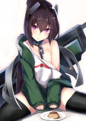 Rule 34 | 1girl, absurdres, between legs, black thighhighs, blush, brown hair, chain, coat, collar, commentary request, flat chest, food, food request, green coat, hair over one eye, hand between legs, highres, long hair, long sleeves, looking at viewer, metal collar, nanakaku, off shoulder, original, plate, ponytail, purple eyes, shirt, sitting, sleeves past wrists, smile, solo, spread legs, thighhighs, white background, white shirt
