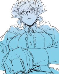 Rule 34 | 1girl, asahi (zabaniyan), blue theme, breasts, collared dress, commentary, dragon girl, dragon horns, dress, frills, glasses, hat, highres, holding, holding weapon, horns, large breasts, long sleeves, looking at viewer, maid, maid headdress, melusine (housamo), mob cap, monochrome, pointy ears, protected link, puffy long sleeves, puffy sleeves, short hair, sidelocks, simple background, slit pupils, solo, tokyo houkago summoners, upper body, weapon, white background