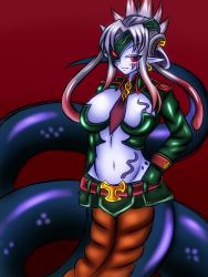 Rule 34 | 1girl, belt, blue skin, blush, body markings, breast tattoo, breasts, cleavage, colored skin, earrings, echidna (monster girl encyclopedia), echidna meruse, eyepatch, facial tattoo, gloves, highres, jacket, jewelry, lamia, large breasts, looking at viewer, merse dascaros, midriff, monster girl, monster girl encyclopedia, monster girl encyclopedia world guide i: fallen maidens, navel, necktie, one-eyed, open clothes, open jacket, pointy ears, purple skin, red eyes, revealing clothes, scar, scar across eye, scar on face, smile, snake, snake tattoo, stomach tattoo, tattoo, ume yukari