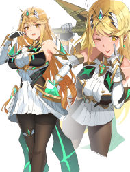Rule 34 | 1girl, absurdres, bare shoulders, black pantyhose, blonde hair, breasts, chest jewel, dress, earrings, elbow gloves, gloves, hand on own hip, highres, jewelry, large breasts, long hair, multiple views, mythra (massive melee) (xenoblade), mythra (xenoblade), nintendo, ormille, pantyhose, short dress, super smash bros., swept bangs, thigh strap, tiara, tsundere, very long hair, white dress, white gloves, xenoblade chronicles (series), xenoblade chronicles 2, yellow eyes
