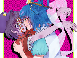 Rule 34 | 2girls, aqua dress, black neckwear, black ribbon, blue eyes, blue hair, cabbie hat, collared vest, colored skin, commentary request, dithered background, dress, hagoromo, hair ornament, hair rings, hair stick, hand on another&#039;s shoulder, hat, highres, imminent kiss, jiangshi, kaku seiga, lace-trimmed sleeves, lace trim, miyako yoshika, multicolored background, multiple girls, ofuda, open mouth, outstretched arms, puffy short sleeves, puffy sleeves, purple background, purple hair, purple headwear, purple skin, red shirt, ribbon, shawl, shirt, short hair, short sleeves, sibata maru, star (symbol), teeth, touhou, vest, white vest, yuri, zombie pose