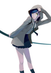 Rule 34 | 1girl, absurdres, adjusting hood, black socks, blue hair, bob cut, darling in the franxx, dress shirt, green eyes, green necktie, hair ornament, hairclip, hand on own head, hand on railing, highres, hood, hood up, ichigo (darling in the franxx), jacket, leaning forward, looking at viewer, necktie, open mouth, railing, shirt, short hair, simple background, skirt, socks, solo, velonicalo, white background