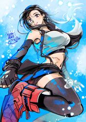 Rule 34 | 1girl, air bubble, bare shoulders, birthday, black gloves, black hair, black skirt, black thighhighs, boots, bracelet, breasts, bubble, clenched hand, commentary, crop top, dated, dolphin, earrings, elbow gloves, final fantasy, final fantasy vii, final fantasy vii rebirth, final fantasy vii remake, fingerless gloves, floating hair, foot out of frame, foot up, gloves, highres, jewelry, large breasts, long hair, looking at viewer, low-tied long hair, materia, midriff, mrg2by, navel, parted lips, pink lips, red eyes, red footwear, single earring, skirt, smile, solo, suspenders, tank top, thighhighs, tifa lockhart, underwater, water, white tank top, zettai ryouiki