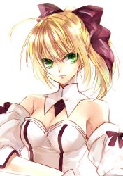 Rule 34 | 1girl, absurdres, artoria pendragon (fate), bad id, bad pixiv id, blonde hair, breasts, cleavage, detached sleeves, fate/stay night, fate/unlimited codes, fate (series), green eyes, highres, kojoz, lipstick, makeup, ponytail, ribbon, saber (fate), saber lily, solo
