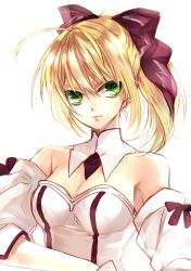 1girl absurdres artoria_pendragon_(all) artoria_pendragon_(fate) bad_id bad_pixiv_id blonde_hair breasts cleavage detached_sleeves fate/stay_night fate/unlimited_codes fate_(series) female_focus green_eyes highres kojoz lipstick makeup ponytail ribbon saber_(fate) saber_lily solo