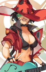 Rule 34 | 1girl, black hair, breasts, choker, gloves, guilty gear, guitar, hat, highres, i-no, instrument, jacket, large breasts, looking at viewer, mole, navel, red lips, shengtaki, smile, solo, upper body