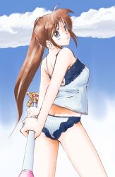 Rule 34 | 00s, 1girl, ass, blue eyes, blush, breasts, brown hair, camisole, cloud, from behind, highres, holding, jason (kaiten kussaku kikou), large breasts, lingerie, long hair, looking at viewer, looking back, lyrical nanoha, mahou shoujo lyrical nanoha, mahou shoujo lyrical nanoha strikers, panties, ponytail, raising heart, side ponytail, sky, solo, staff, takamachi nanoha, underwear, white camisole, white panties