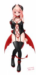 Rule 34 | 1girl, bat wings, bdsm, between legs, black sclera, blush, bondage, bondage outfit, bound, breasts, cleavage, collar, colored sclera, dated, demon girl, demon horns, demon tail, demon wings, elbow gloves, full body, garter straps, gloves, highres, horns, large breasts, looking at viewer, md5 mismatch, original, pink hair, pubic tattoo, red eyes, resolution mismatch, slave, solo, source larger, standing, tail, tail between legs, tattoo, thighhighs, wings, yazaki shion
