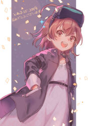 Rule 34 | 1girl, ahoge, arm belt, armband, belt, black belt, black jacket, blush, border, brown eyes, brown hair, child, collarbone, confetti, dress, female focus, floral print, furrowed brow, grey background, hair between eyes, hands in pockets, head-mounted display, jacket, last order (toaru majutsu no index), looking at viewer, medium hair, mixed-language text, open mouth, pink dress, signature, sleeves rolled up, smile, solo, sparkle, standing, tautiki, teeth, toaru majutsu no index, upper body, upper teeth only, white border