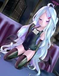Rule 34 | 1girl, 3:, absurdres, ahoge, bed, black gloves, black thighhighs, blue archive, blurry, building, collarbone, commentary request, demon girl, demon horns, demon wings, depth of field, elbow gloves, forehead, gloves, halo, highres, hina (blue archive), hina (swimsuit) (blue archive), horns, kneeling, long hair, looking at viewer, name tag, night, night sky, official alternate costume, old school swimsuit, outdoors, parted bangs, ponytail, purple eyes, school swimsuit, sidelocks, sky, skyline, skyscraper, sleeveless, solo, star (sky), starry sky, swimsuit, thighhighs, translation request, umai salmon, wet, wet clothes, wet swimsuit, white hair, window, wings