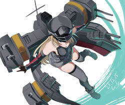 Rule 34 | 1girl, adapted turret, anchor, anchor hair ornament, bare shoulders, bismarck (kancolle), blonde hair, blue eyes, blush, breasts, brown gloves, cross, detached sleeves, gegeron, gloves, hair between eyes, hair ornament, hat, highres, iron cross, kantai collection, large breasts, long hair, looking at viewer, machinery, military, military hat, military uniform, peaked cap, rigging, signature, smokestack, solo, thighhighs, turret, uniform