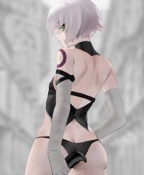 Rule 34 | 1girl, absurdres, arm belt, ass, bandages, bandaged arm, bandages, black panties, facial scar, fate/apocrypha, fate/grand order, fate (series), from behind, gloves, green eyes, highres, jack the ripper (fate/apocrypha), looking at viewer, looking back, lowleg, lowleg panties, panties, scar, scar across eye, scar on cheek, scar on face, short hair, shoulder tattoo, single glove, solo, standing, tattoo, underwear, white hair, yoonsemo