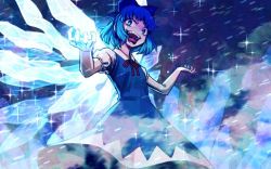 Rule 34 | 1girl, blue dress, blue eyes, blue hair, cirno, crazy smile, dress, hair ribbon, ice, ice wings, looking at viewer, meimaru inuchiyo, open mouth, ribbon, short hair, smile, solo, sparkle, touhou, wings