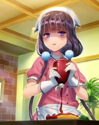 Rule 34 | 1girl, :d, apron, blend s, blunt bangs, blush, brick wall, ceiling, food, frilled apron, frills, gloves, hair bobbles, hair ornament, half-closed eyes, head scarf, holding, indoors, ketchup, ketchup bottle, long hair, low twintails, mikomiko (mikomikosu), open mouth, picture frame, pink shirt, plant, potted plant, puffy short sleeves, puffy sleeves, purple eyes, purple hair, sakuranomiya maika, shaded face, shirt, short sleeves, smile, solo, stile uniform, table, tomato, twintails, two-handed, upper body, waist apron, waitress, white apron, white gloves