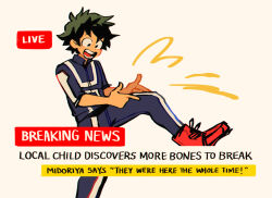 Rule 34 | 1boy, black eyes, blue jacket, blue pants, boku no hero academia, commentary, english commentary, english text, fenkko, freckles, green hair, gym uniform, jacket, male focus, midoriya izuku, news, open mouth, pants, pointing, red footwear, shoes, short hair, simple background, smile, solo, standing, standing on one leg, teeth, u.a. gym uniform, white background