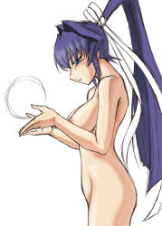 Rule 34 | 1girl, blue eyes, breasts, cleavage, collarbone, female focus, floating, floating object, from side, groin, hair ribbon, long hair, misnon the great, mitsurugi meiya, muv-luv, nipples, nude, orb, ponytail, profile, ribbon, simple background, solo, standing, very long hair, white background