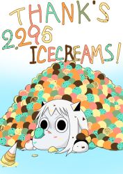 Rule 34 | (o) (o), 10s, buried, colored skin, english text, engrish text, food, food focus, food on body, food on face, frown, gradient background, horns, ice cream, ice cream cone, ice cream cone spill, ice cream on face, kantai collection, moomin, muppo, no humans, northern ocean princess, nose, ranguage, sazanami konami, spill, too many, white skin