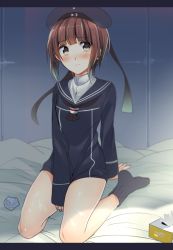 Rule 34 | 10s, 1girl, bad id, bad pixiv id, bed, beret, blush, brown eyes, brown hair, clothes writing, covering privates, covering crotch, cum, cum on body, dress, dress tug, hat, kantai collection, kneeling, long sleeves, looking at viewer, okia, sailor collar, sailor dress, sailor hat, short hair, sleeves past wrists, solo, sweatdrop, tissue, tissue box, used tissue, z3 max schultz (kancolle)