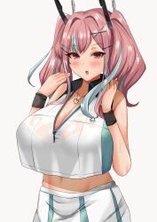Rule 34 | 1girl, :o, absurdres, azur lane, bare shoulders, blush, bra visible through clothes, breasts, bremerton (azur lane), bremerton (scorching-hot training) (azur lane), cleavage, collarbone, collared shirt, commentary request, cowboy shot, crop top, crop top overhang, green skirt, grey hair, hair between eyes, hair intakes, hair ornament, hands up, heart, heart necklace, highres, jewelry, large breasts, long hair, looking at viewer, midriff, mole, mole on breast, mole under eye, multicolored hair, navel, necklace, official alternate costume, open mouth, pink eyes, pink hair, see-through, see-through shirt, shirt, sidelocks, simple background, skirt, sleeveless, sleeveless shirt, solo, sportswear, standing, streaked hair, takeshiki no hirata, tennis uniform, twintails, two-tone hair, two-tone shirt, two-tone skirt, wet, wet clothes, wet shirt, white background, white shirt, white skirt, wristband, x hair ornament