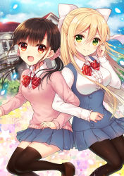 Rule 34 | &gt;:), 2girls, :d, artist name, bad id, bad pixiv id, black hair, blonde hair, blue dress, blue sky, blurry, blurry background, blush, bow, breasts, brown eyes, brown footwear, brown legwear, center frills, closed mouth, cloud, cloudy sky, collared shirt, day, depth of field, diagonal stripes, dress, dress shirt, flower, frilled sleeves, frills, green eyes, hair between eyes, hair bow, hair flower, hair ornament, highres, loafers, long hair, long sleeves, low twintails, medium breasts, multiple girls, open mouth, original, outdoors, pantyhose, pink flower, pink sweater, pleated dress, red bow, sato ame, school uniform, shirt, shoes, sidelocks, signature, sky, sleeveless, sleeveless dress, sleeves past wrists, smile, star (symbol), striped, striped bow, sweater, textless version, thighhighs, twintails, very long hair, white bow, white shirt